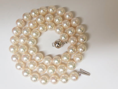 GIA 8.5mm NATURAL AKOYA WHITE PEARLS NECKLACE 14KT GOLD BALL CLASP 18 inch *v