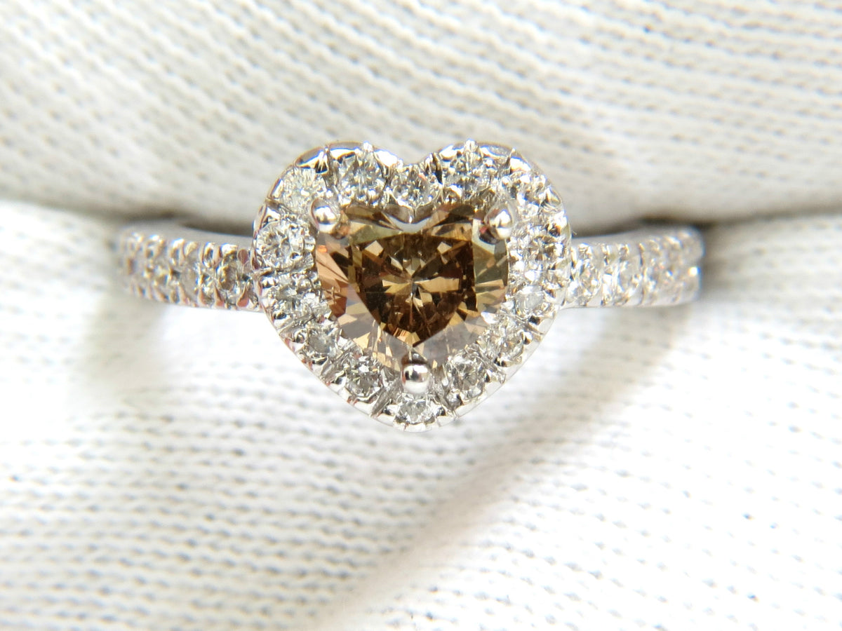 1.37CT NATURAL FANCY BRIGHT BROWN HEART CUT HALO DIAMOND RING 14KT VS *v