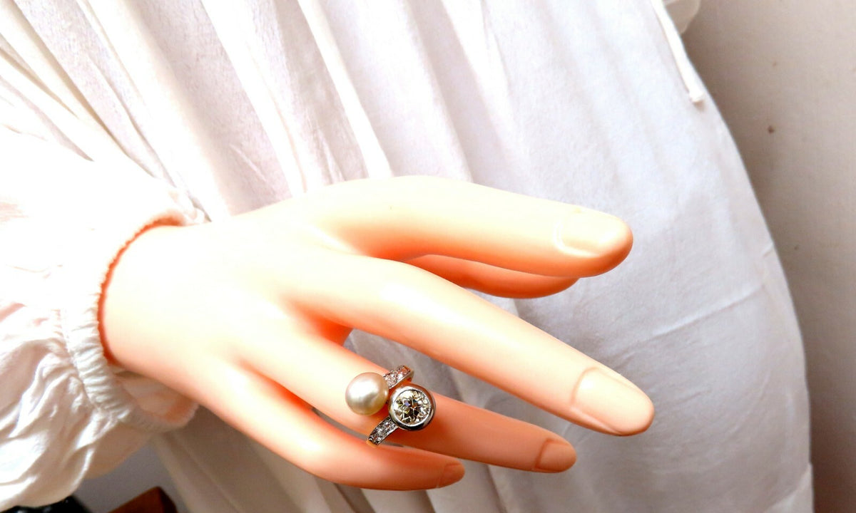 RARE GIA Certified Natural Saltwater Pearl Light Yellow Diamonds Ring 18kt *v