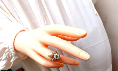 RARE GIA Certified Natural Saltwater Pearl Light Yellow Diamonds Ring 18kt *v