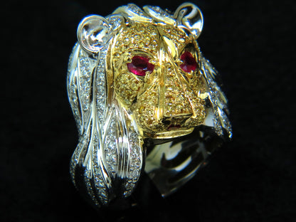18KT ITALY UNISEX HUGE 3.40CT NATURAL DIAMONDS RUBY LION RING *v