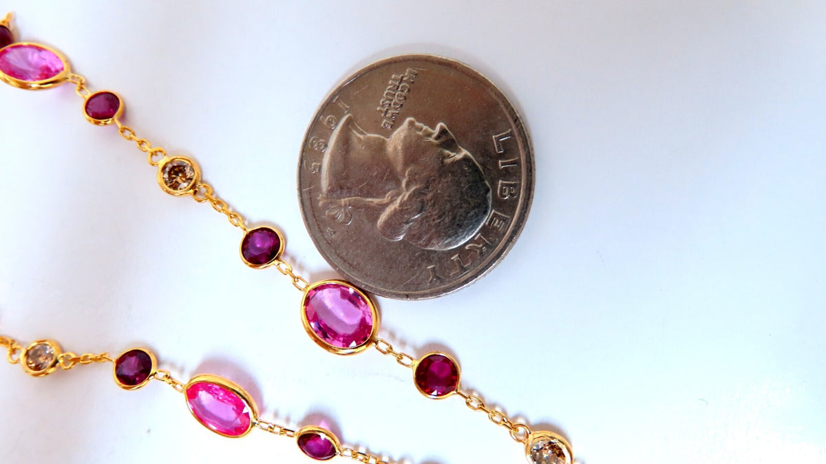 26.45ct natural vivid pink sapphires Ruby diamond yard station necklace 14kt *v
