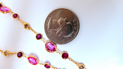 26.45ct natural vivid pink sapphires Ruby diamond yard station necklace 14kt *v