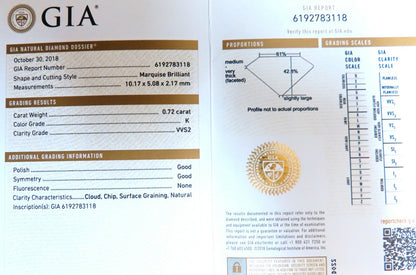 GIA Certified .72ct Natural Marquise Diamond 14kt *v