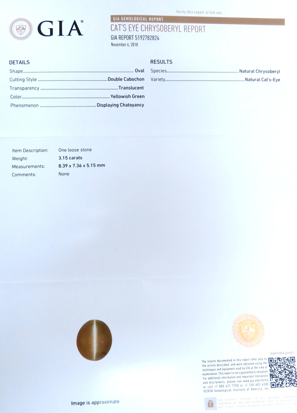 GIA Certified 3.15ct Natural Cats Eye Ring 14kt  Gold 12415 *v