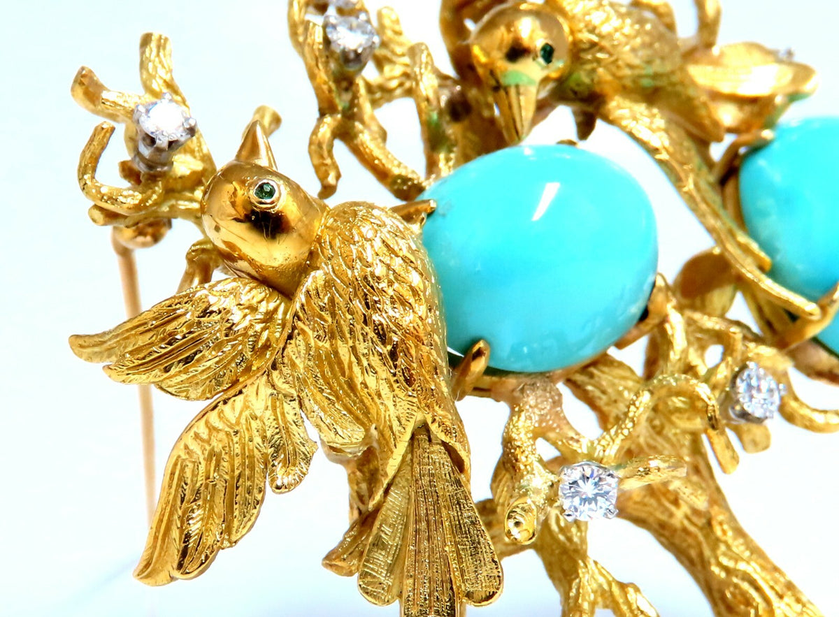 Vintage Bird Nest Eggs 20ct Turquoise 18kt Brooch High Intricate *v