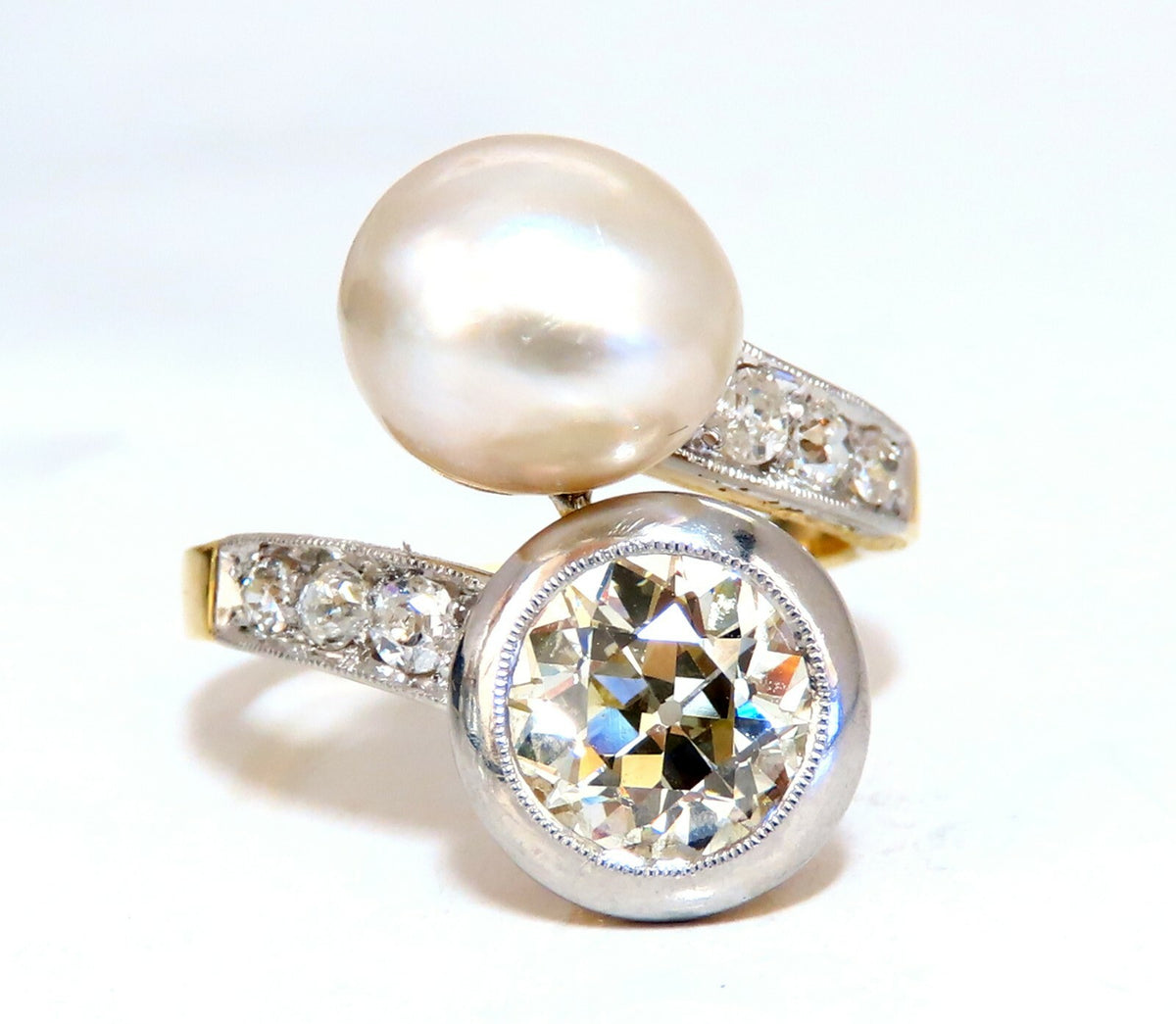 RARE GIA Certified Natural Saltwater Pearl Light Yellow Diamonds Ring 18kt *v