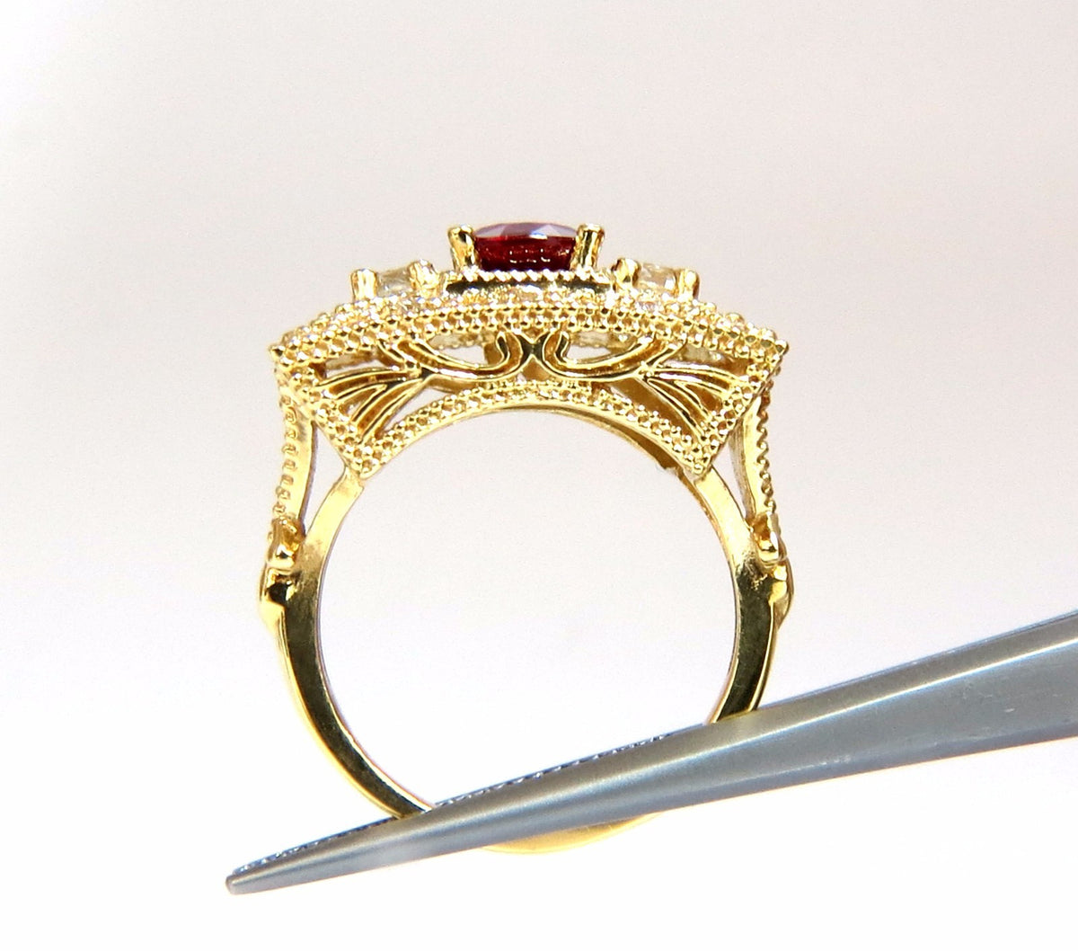 GIA 2.31CT NATURAL CUSHION VIVID RED RUBY DIAMONDS BYZANTINE RING 18KT GOLD*v