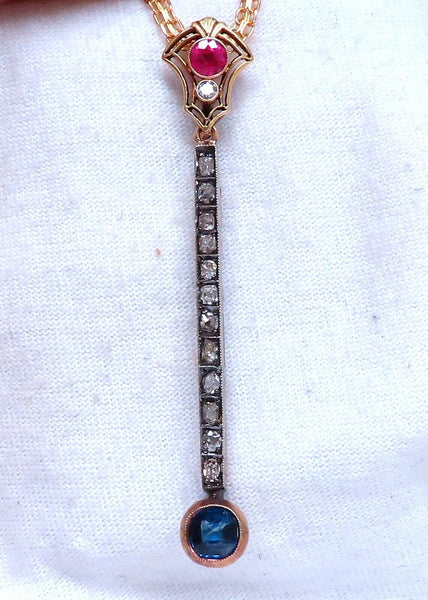 Antique Natural Ruby Sapphire Diamond Bar Necklace 14kt gold
