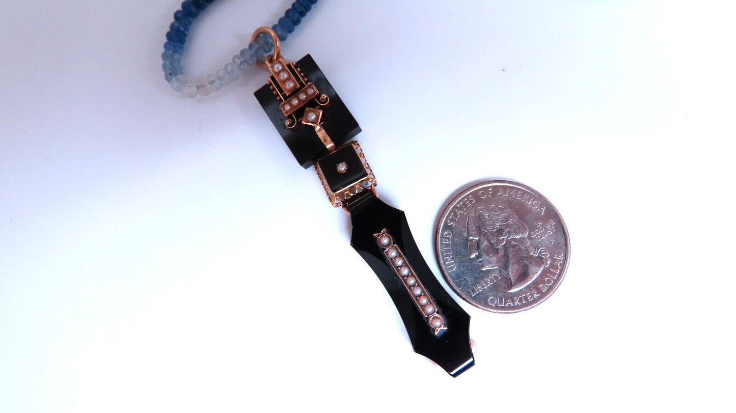63ct natural Sapphire bead necklace 14 karat clasp Antique Onyx Drop Pendant