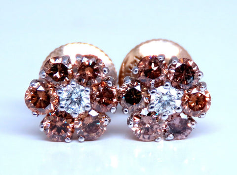 1.30ct. natural round diamond cluster earrings 14 karat Fancy Browns