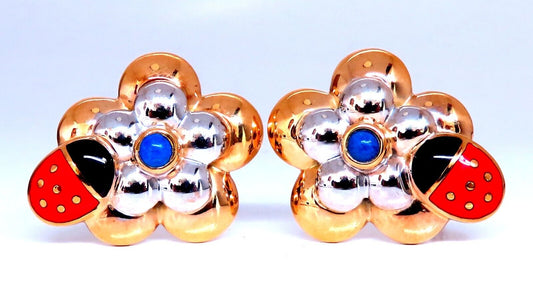 18kt Gold Clip earrings Ladybug On Flower Solid CLip 18kt Gold Postless