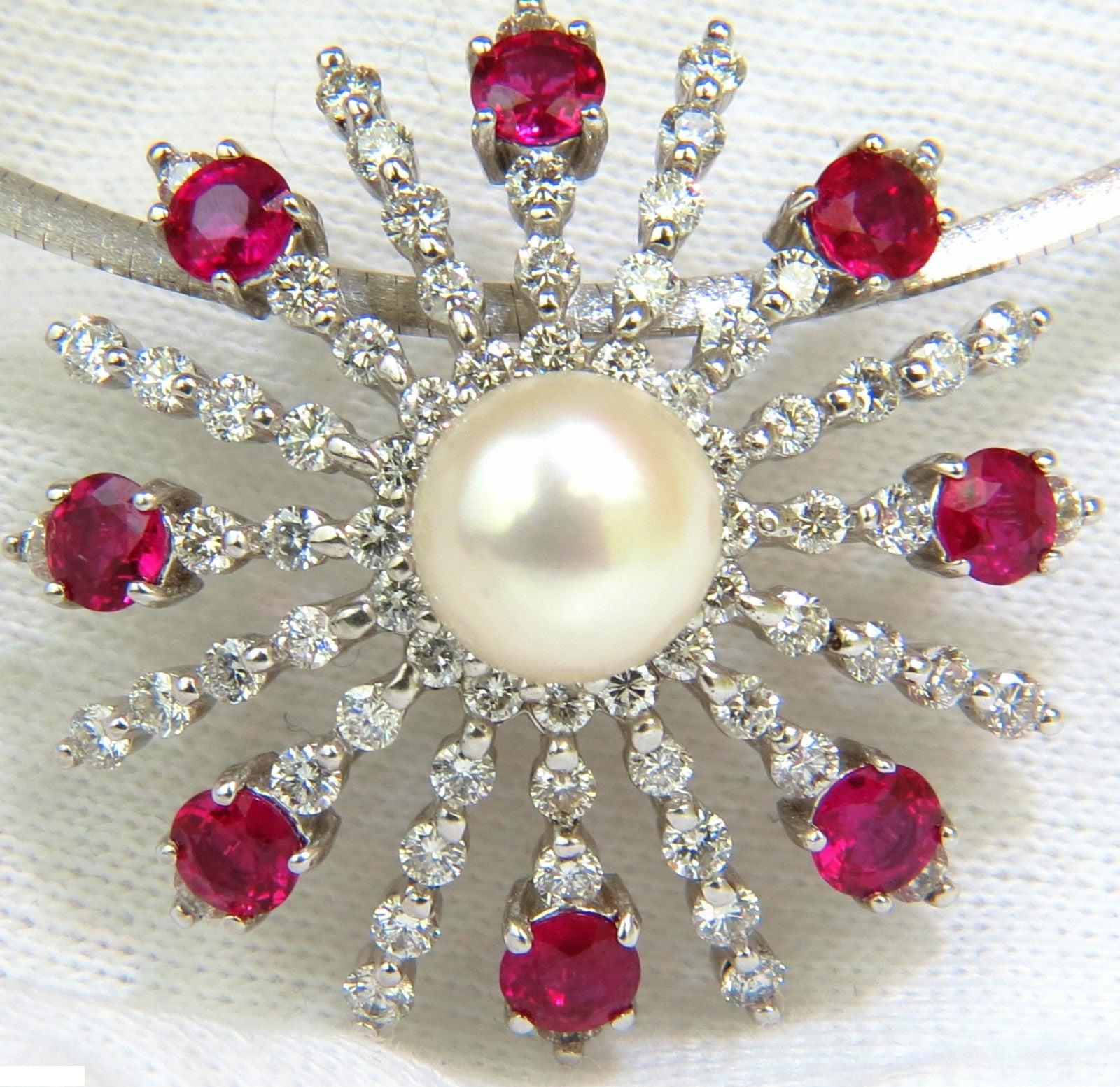 5.75CT NATURAL GEM RUBY DIAMOND 3D STAR BURST PEARL PENDANT 14kt 10043