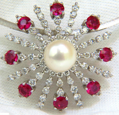 5.75CT NATURAL GEM RUBY DIAMOND 3D STAR BURST PEARL PENDANT 14kt 10043