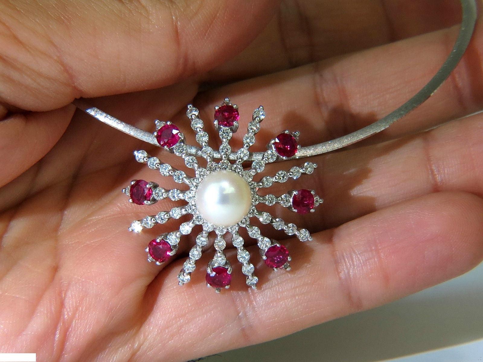 5.75CT NATURAL GEM RUBY DIAMOND 3D STAR BURST PEARL PENDANT 14kt 10043