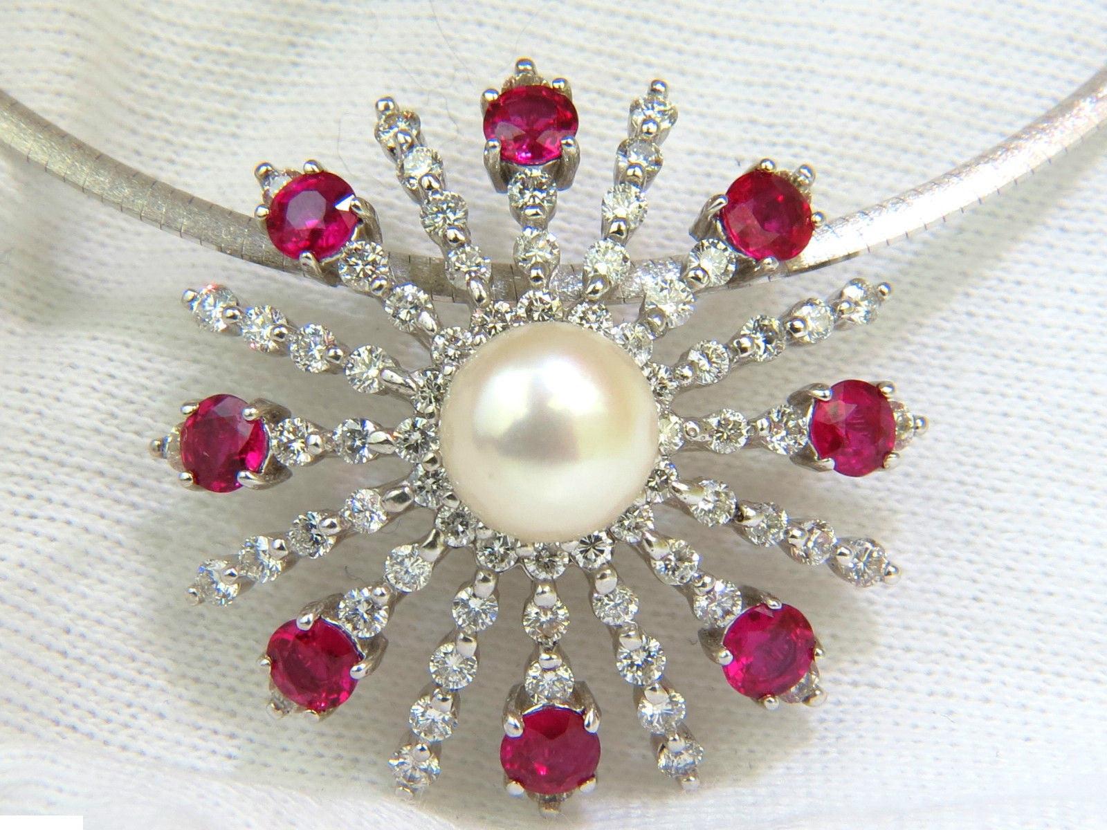 5.75CT NATURAL GEM RUBY DIAMOND 3D STAR BURST PEARL PENDANT 14kt 10043