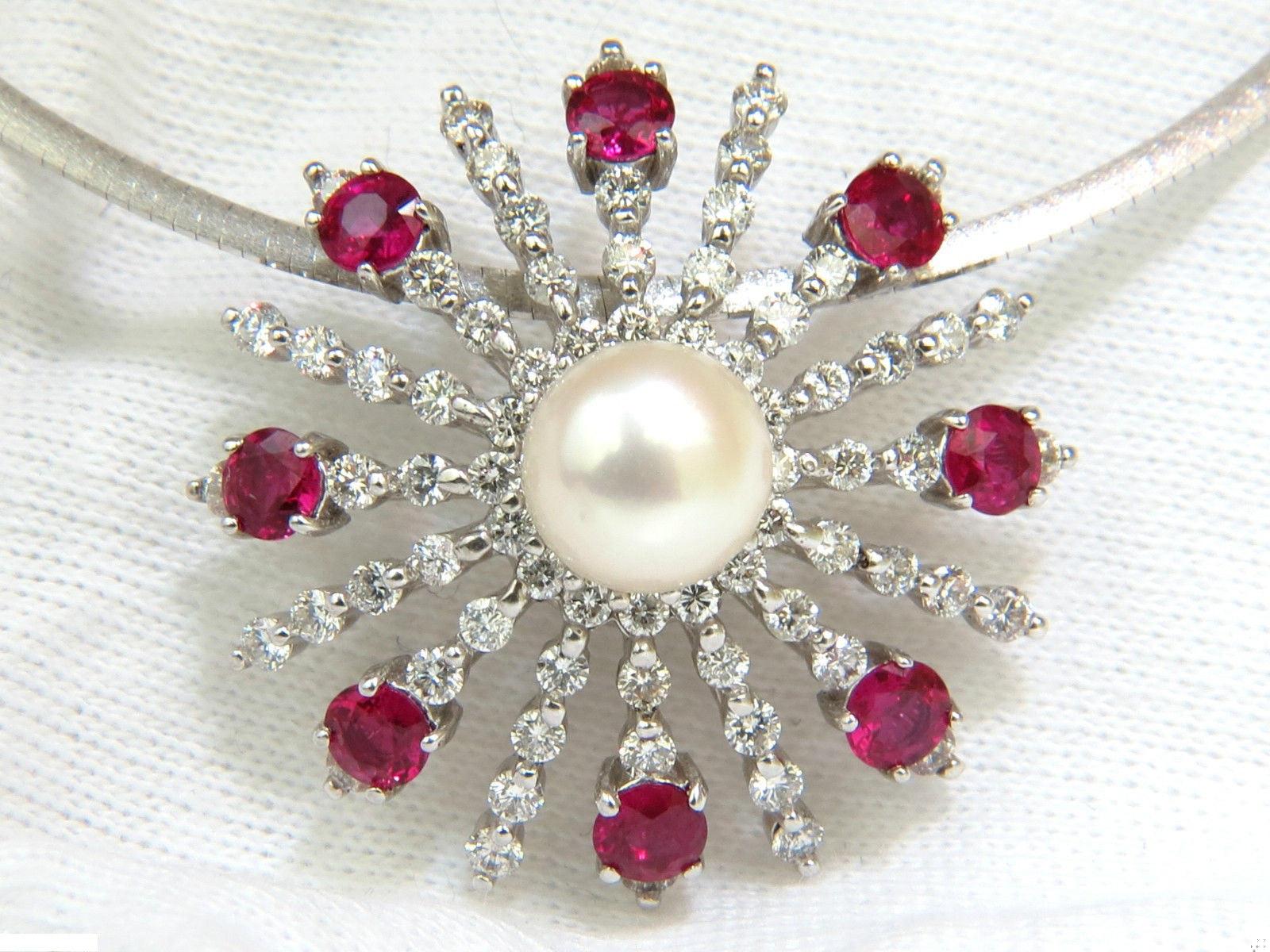 5.75CT NATURAL GEM RUBY DIAMOND 3D STAR BURST PEARL PENDANT 14kt 10043