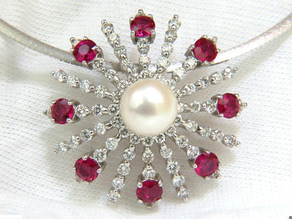 5.75CT NATURAL GEM RUBY DIAMOND 3D STAR BURST PEARL PENDANT 14kt 10043