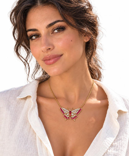 GIA Certified Natural No Heat Ruby Diamonds Butterfly Necklace 18kt Gold 95559
