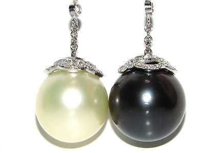 15M BLACK WHITE SOUTH SEA & TAHITIAN PEARL DIAMOND EARRINGS CLUSTER 10036