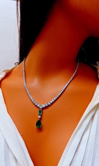 14.47ct Natural Emerald Diamond Necklace 14K Dangle Riviera Graduated 12644