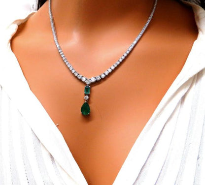 14.47ct Natural Emerald Diamond Necklace 14K Dangle Riviera Graduated 12644