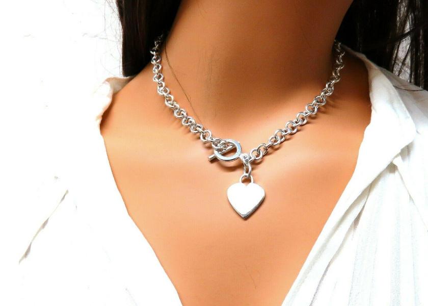 925 Sterling Silver Toggle Heart Link Necklace 12612