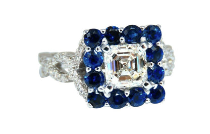 GIA Certified 1.20 Carat Natural Asscher Cut Diamond Ring 14 Karat Sapphire Halo