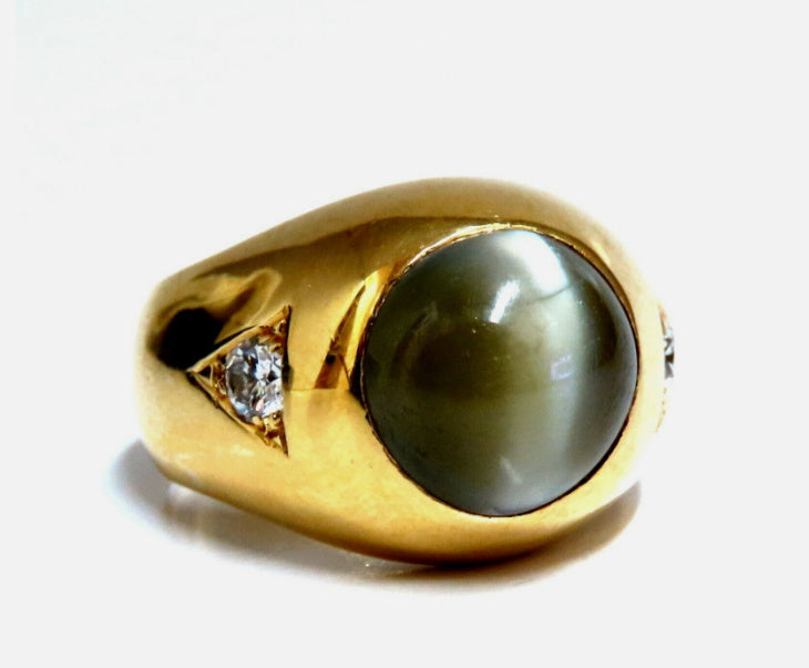 GIA Certified Natural Chrysoberyl Cats Eye Mens Diamond Signet Ring 18k