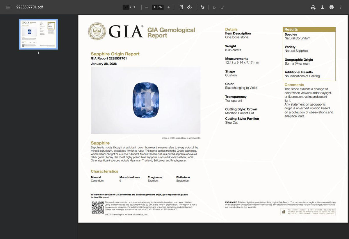 GIA Certified Natural 8.05ct Burma No Heat Sapphire Ring 18kt 95548