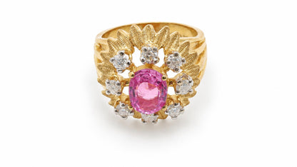 1.58ct Natural Pink Sapphire Diamond Cluster Ring Starburst Detail 14KT 95554