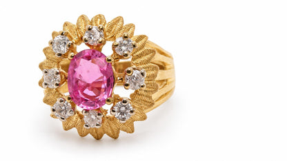 1.58ct Natural Pink Sapphire Diamond Cluster Ring Starburst Detail 14KT 95554