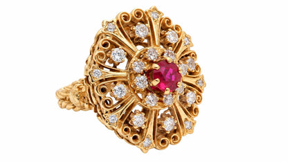 GIA Certified .85ct Lab Ruby & Natural Diamonds Vintage Late Spanish Deco Ring 14kt Gold 95550
