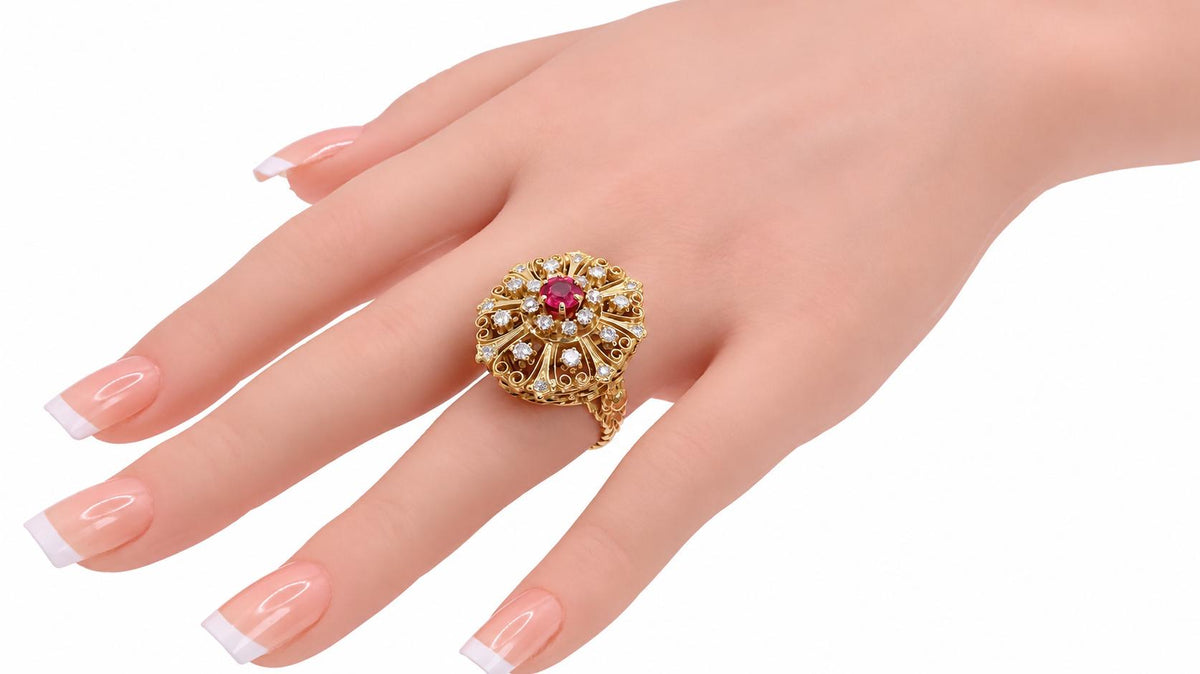 GIA Certified .85ct Lab Ruby & Natural Diamonds Vintage Late Spanish Deco Ring 14kt Gold 95550