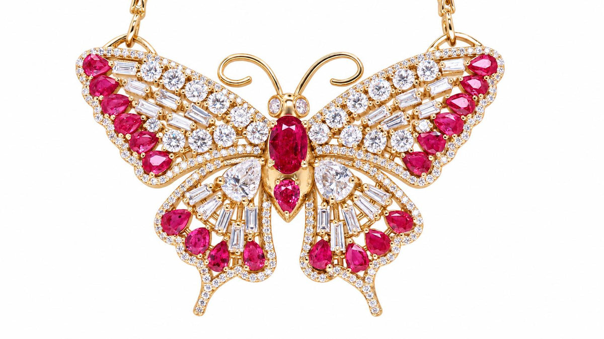 GIA Certified Natural No Heat Ruby Diamonds Butterfly Necklace 18kt Gold 95559
