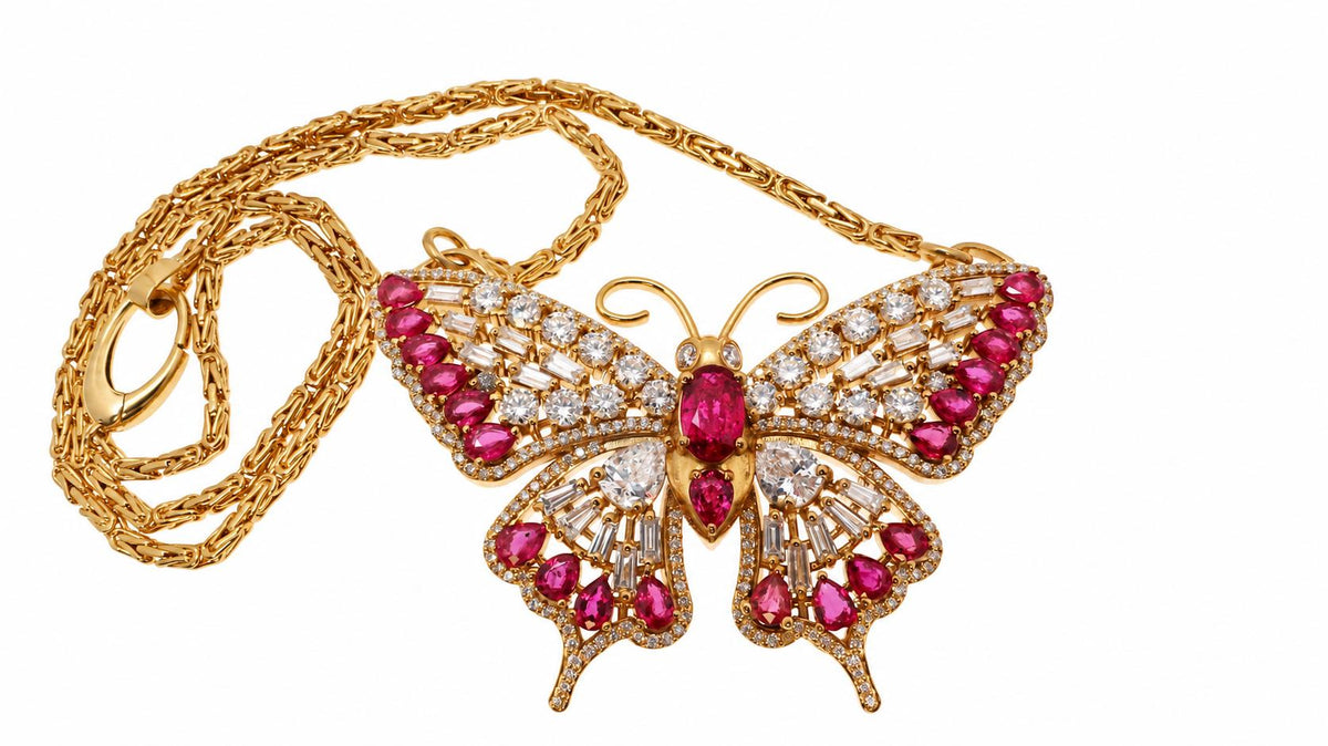 GIA Certified Natural No Heat Ruby Diamonds Butterfly Necklace 18kt Gold 95559