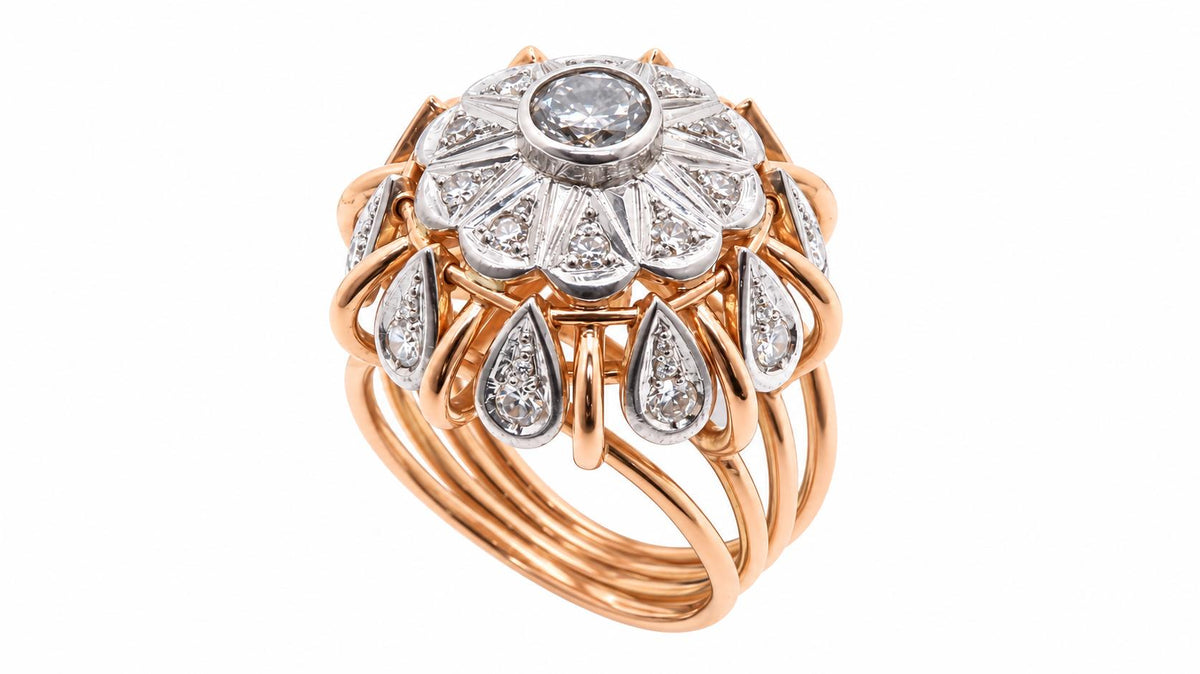 Vintage Natural Diamond Cluster & Dangle European Cocktail Ring 14KT Rose Gold 95572