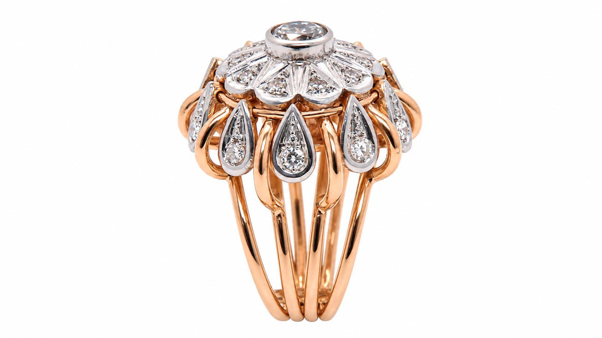 Vintage Natural Diamond Cluster & Dangle European Cocktail Ring 14KT Rose Gold 95572