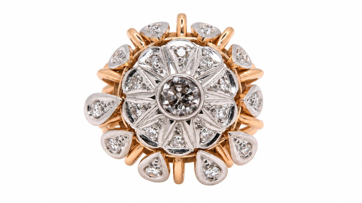 Vintage Natural Diamond Cluster & Dangle European Cocktail Ring 14KT Rose Gold 95572