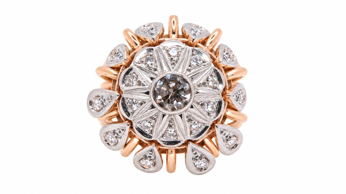 Vintage Natural Diamond Cluster & Dangle European Cocktail Ring 14KT Rose Gold 95572