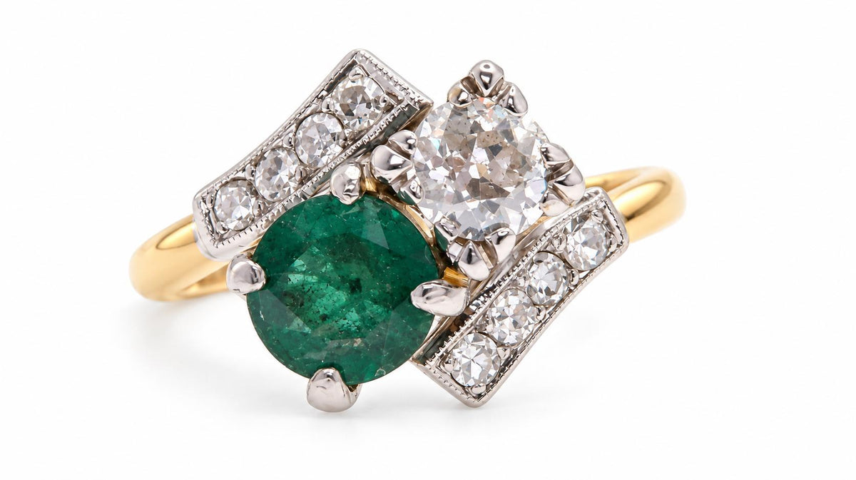 Vintage .69ct Natural Emerald & Old Mine Diamond Ring 14K Yellow Gold 95583