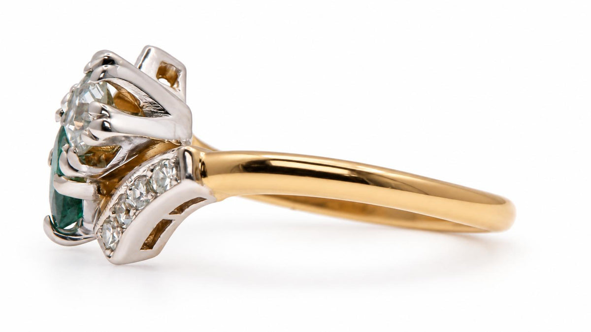 Vintage .69ct Natural Emerald & Old Mine Diamond Ring 14K Yellow Gold 95583