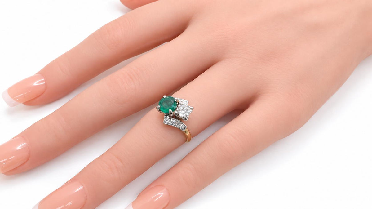 Vintage .69ct Natural Emerald & Old Mine Diamond Ring 14K Yellow Gold 95583
