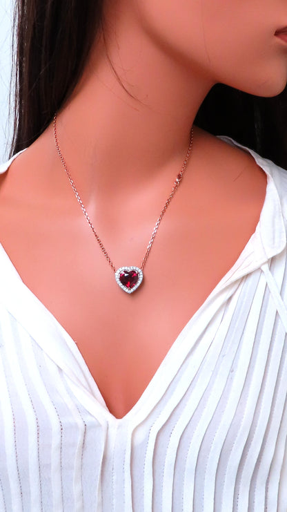 GIA Certified 8.72ct Natural Heart Garnet Halo Necklace 14kt Rhodolite 12400