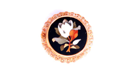 Vintage Pietra Dura Inlay Mosaic Flower Pin 18kt 12404