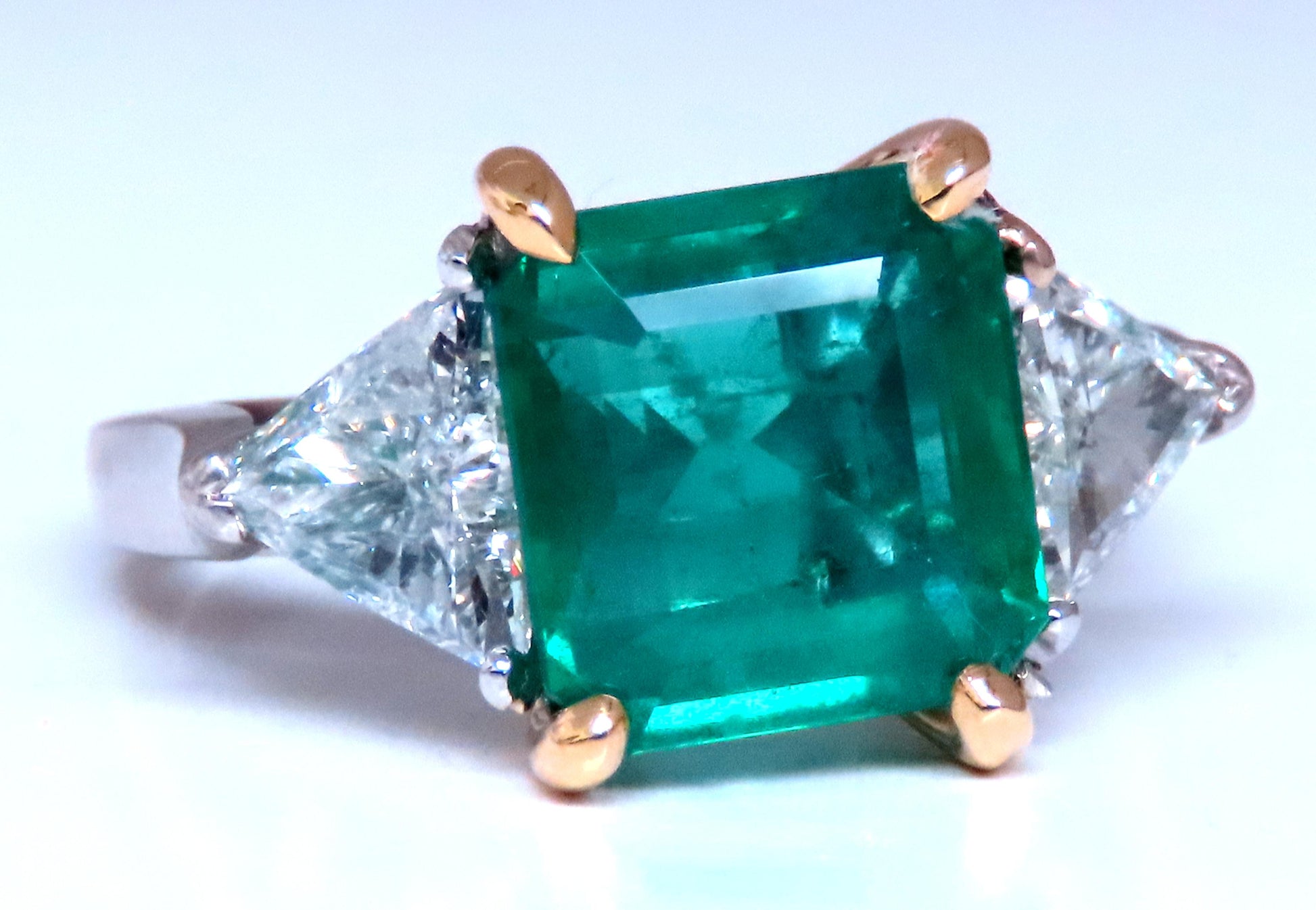 GIA Certified 3.97ct Natural Emerald (F1) Trillants Diamond Ring Platinum 12414