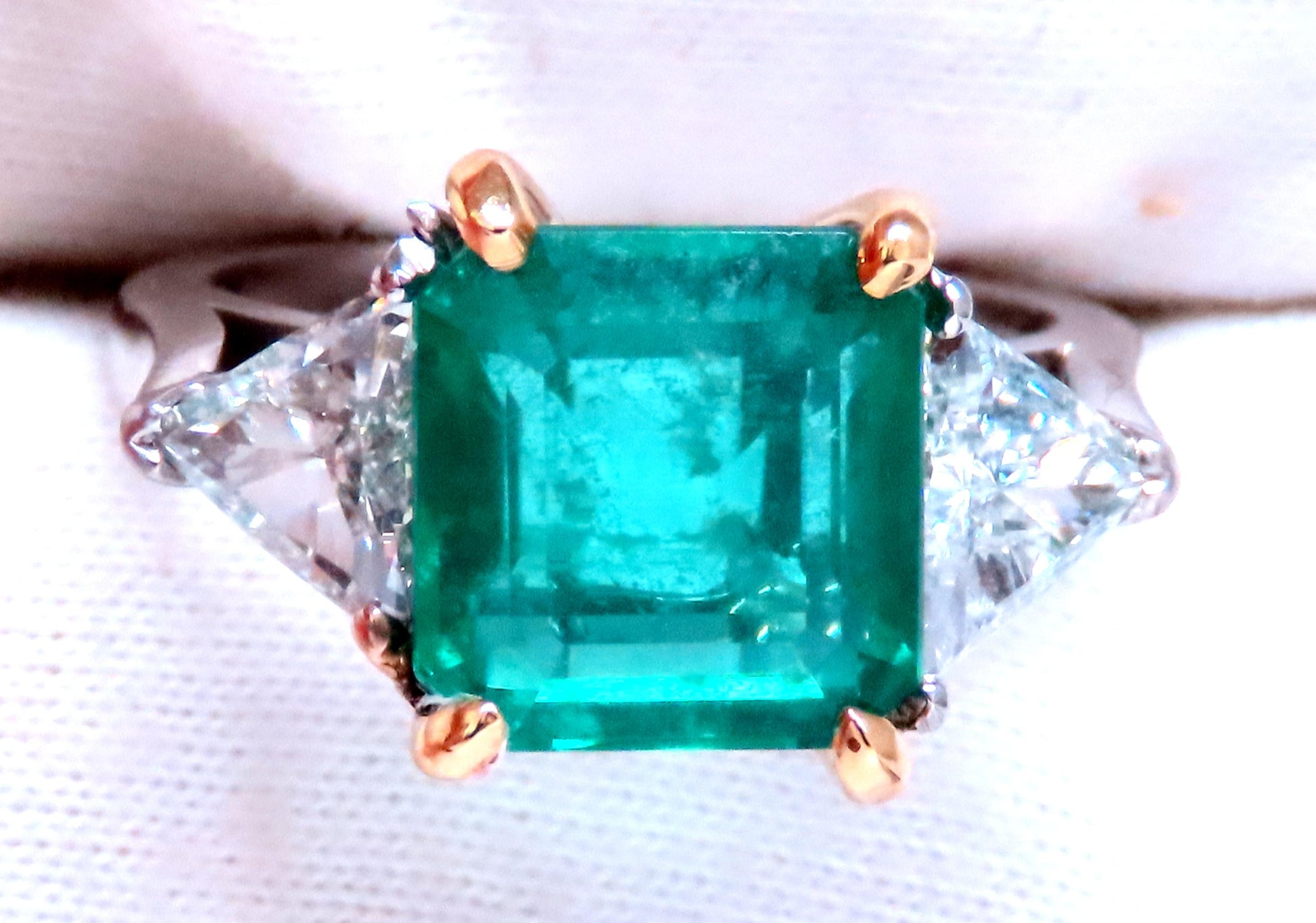 GIA Certified 3.97ct Natural Emerald (F1) Trillants Diamond Ring Platinum 12414