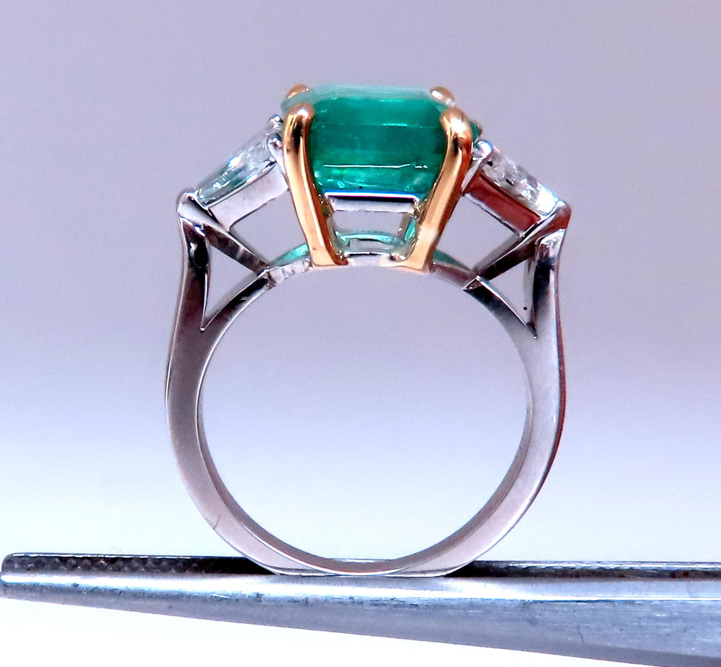 GIA Certified 3.97ct Natural Emerald (F1) Trillants Diamond Ring Platinum 12414