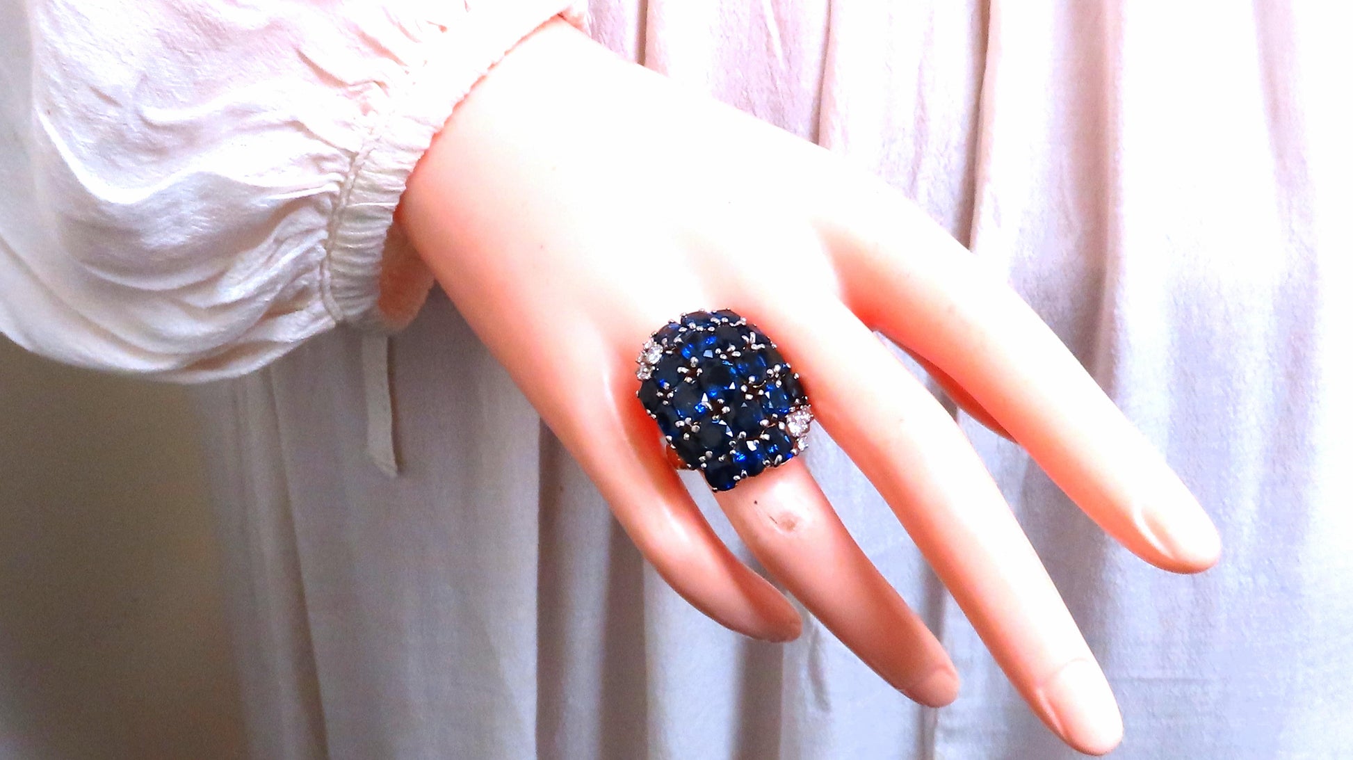 Natural Sapphire Diamonds Cluster Dome Ring Vintage Revisit Prime 14Kt 12438