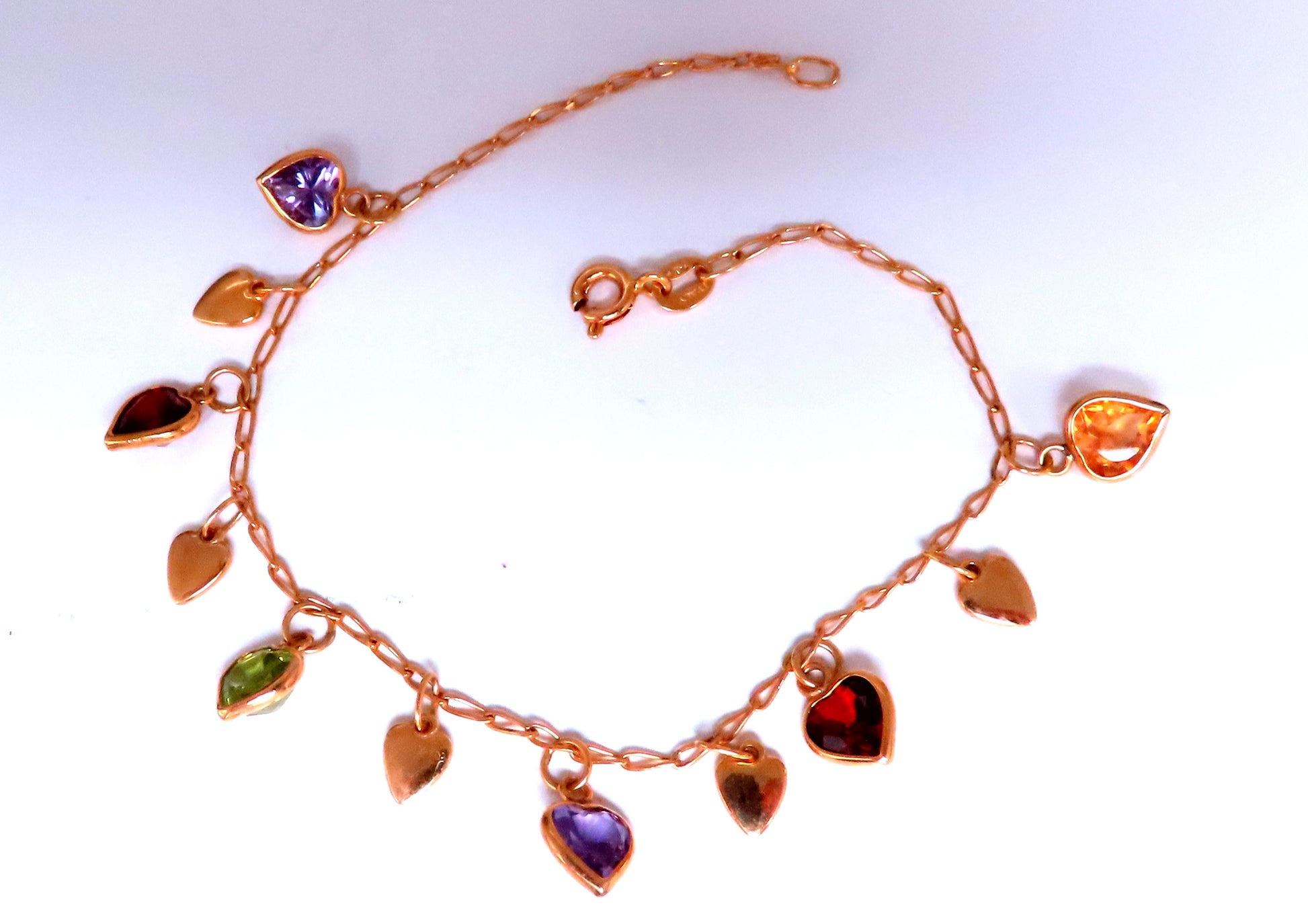 Garnet Amethyst Citrine Heart Dangle Bracelet 14kt 12461